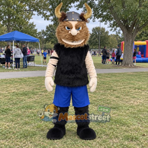Viking Mascot Costume with Black Shirt and Gray Horned Helmet