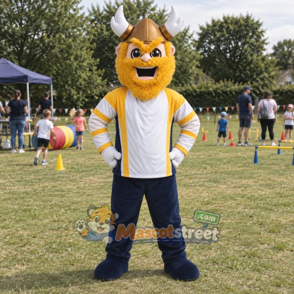 Yellow-Bearded Viking Mascot Costume with White and Yellow Jacket