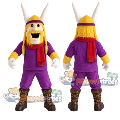Viking Mascot Costume with Purple Outfit and Yellow Horned Helmet