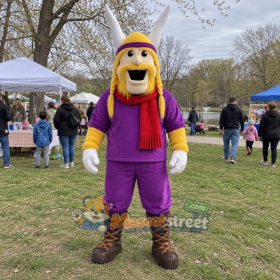 Viking Mascot Costume with Purple Outfit and Yellow Horned Helmet
