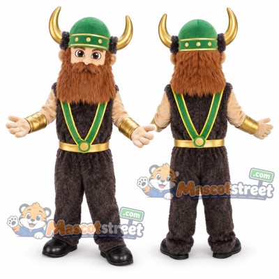 Brown-Bearded Viking Mascot Costume with Dark Vest and Green Horned Helmet Brown-Bearded Viking Mascot Costume with Dark Vest and Green Horned Helmet