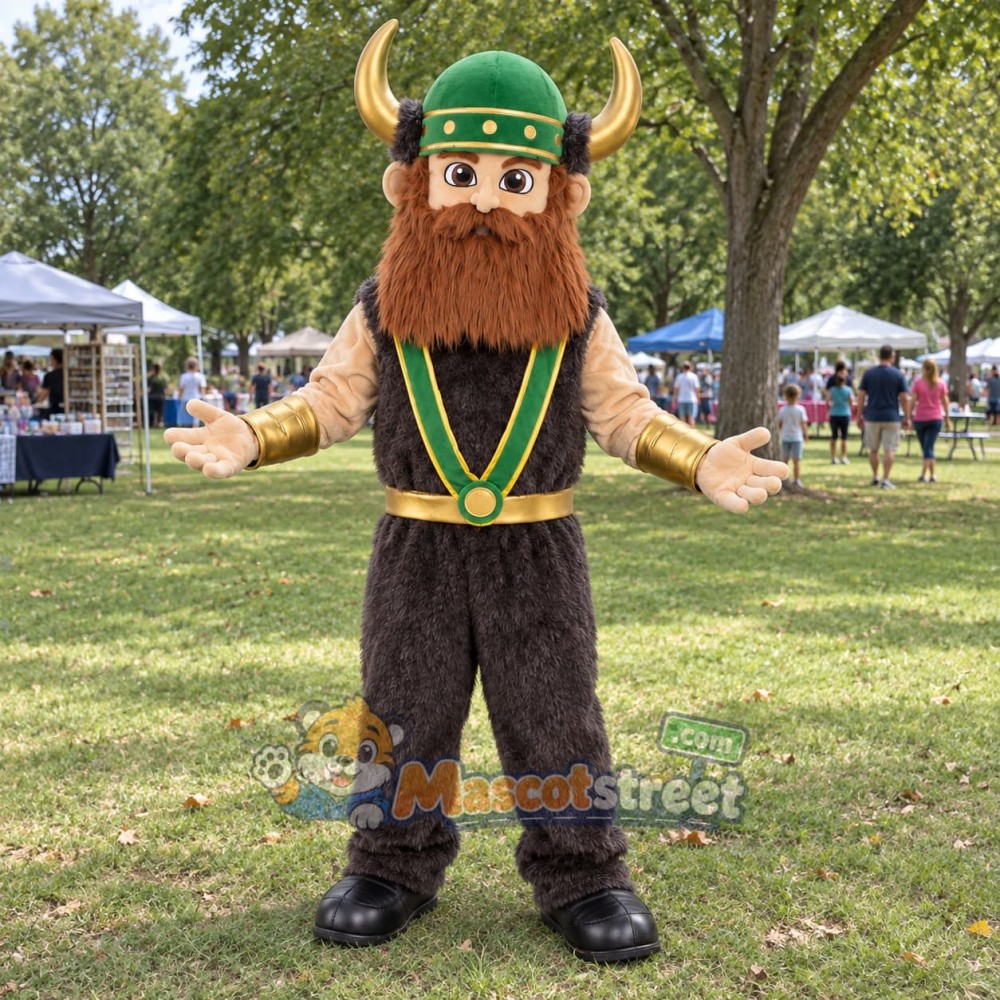 Brown-Bearded Viking Mascot Costume with Dark Vest and Green Horned Helmet Brown-Bearded Viking Mascot Costume with Dark Vest and Green Horned Helmet