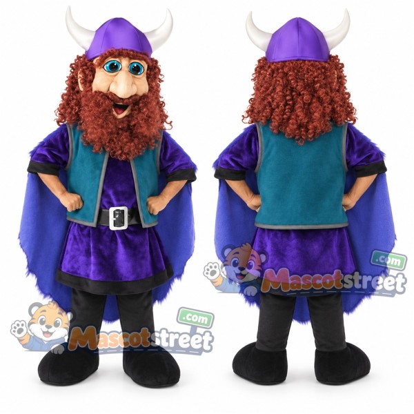 Red-Bearded Viking Mascot Costume with Purple Outfit and Teal Vest
