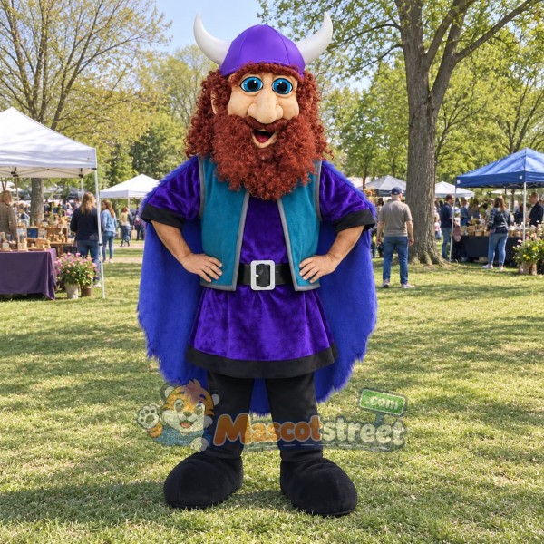 Red-Bearded Viking Mascot Costume with Purple Outfit and Teal Vest
