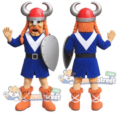 Orange-Bearded Viking Mascot Costume with Blue Coat and Red Horned Helmet Orange-Bearded Viking Mascot Costume with Blue Coat and Red Horned Helmet
