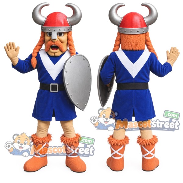 Orange-Bearded Viking Mascot Costume with Blue Coat and Red Horned Helmet