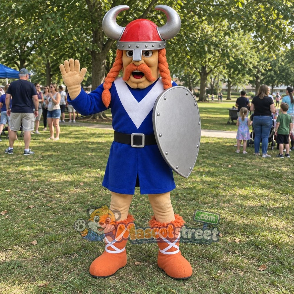 Orange-Bearded Viking Mascot Costume with Blue Coat and Red Horned Helmet Orange-Bearded Viking Mascot Costume with Blue Coat and Red Horned Helmet