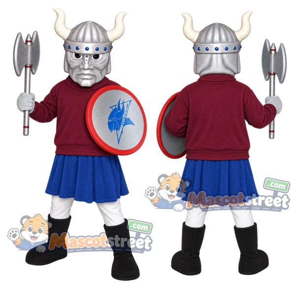 Viking Mascot Costume with Burgundy Shirt and Silver Horned Helmet