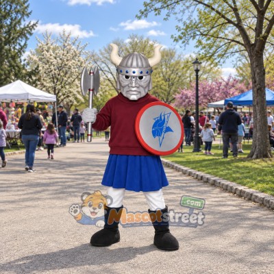 Viking Mascot Costume with Burgundy Shirt and Silver Horned Helmet Viking Mascot Costume with Burgundy Shirt and Silver Horned Helmet