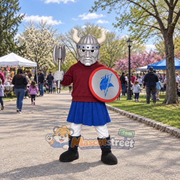 Viking Mascot Costume with Burgundy Shirt and Silver Horned Helmet