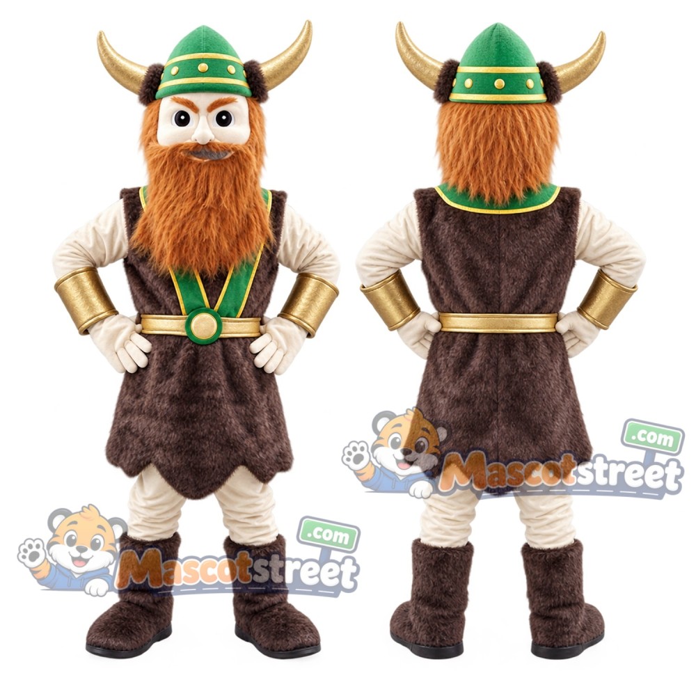 Brown-Bearded Viking Mascot Costume with Brown Outfit and Green Horned Helmet Brown-Bearded Viking Mascot Costume with Brown Outfit and Green Horned Helmet