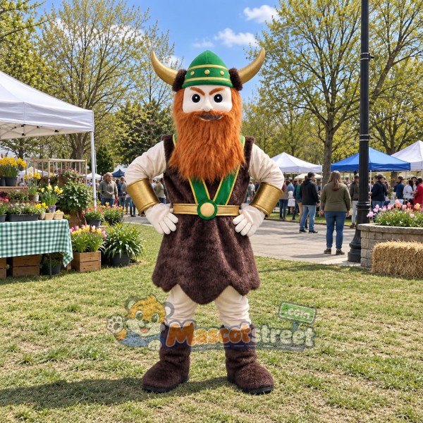 Brown-Bearded Viking Mascot Costume with Brown Outfit and Green Horned Helmet