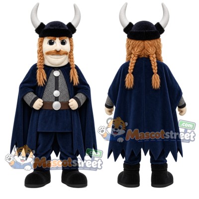 Viking Mascot Costume with Navy Cape and Black Horned Helmet