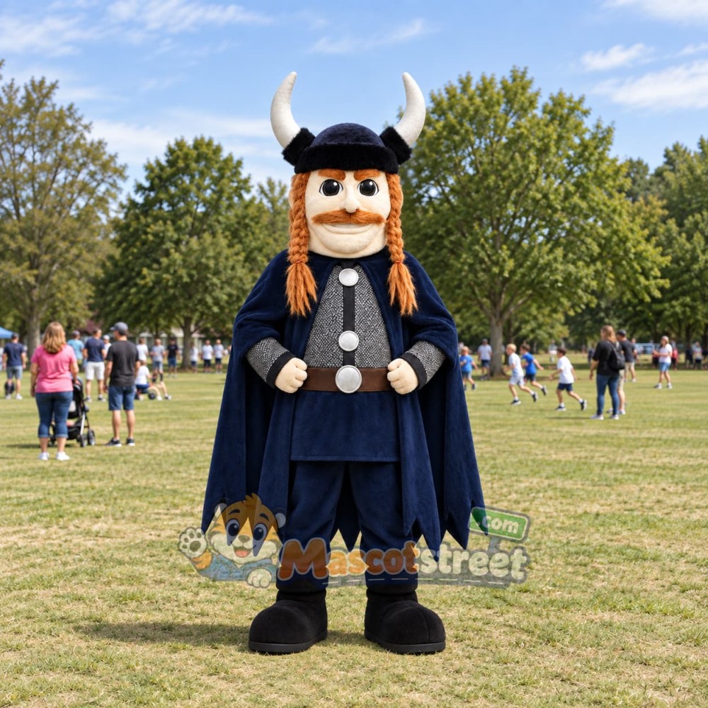 Viking Mascot Costume with Navy Cape and Black Horned Helmet
