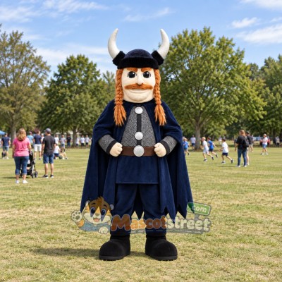 Viking Mascot Costume with Navy Cape and Black Horned Helmet
