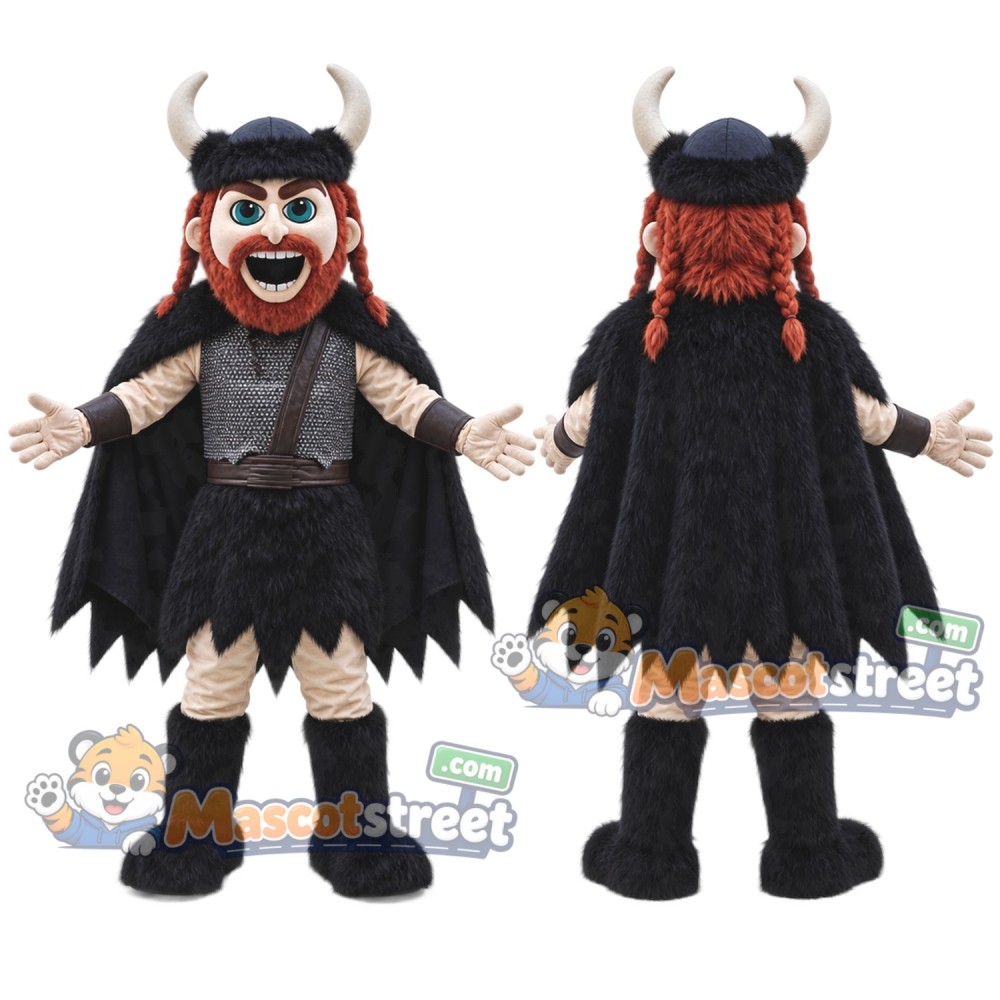 Red-Bearded Viking Mascot Costume with Black Fur Cape and Horned Helmet Red-Bearded Viking Mascot Costume with Black Fur Cape and Horned Helmet