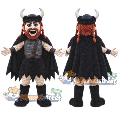 Red-Bearded Viking Mascot Costume with Black Fur Cape and Horned Helmet Red-Bearded Viking Mascot Costume with Black Fur Cape and Horned Helmet
