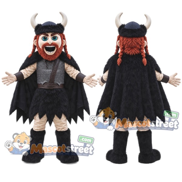 Red-Bearded Viking Mascot Costume with Black Fur Cape and Horned Helmet