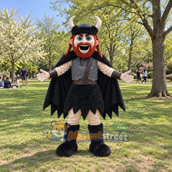 Red-Bearded Viking Mascot Costume with Black Fur Cape and Horned Helmet