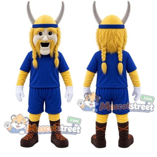 Viking Mascot Costume with Blue Uniform and Yellow Horned Helmet