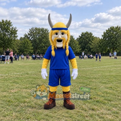 Viking Mascot Costume with Blue Uniform and Yellow Horned Helmet