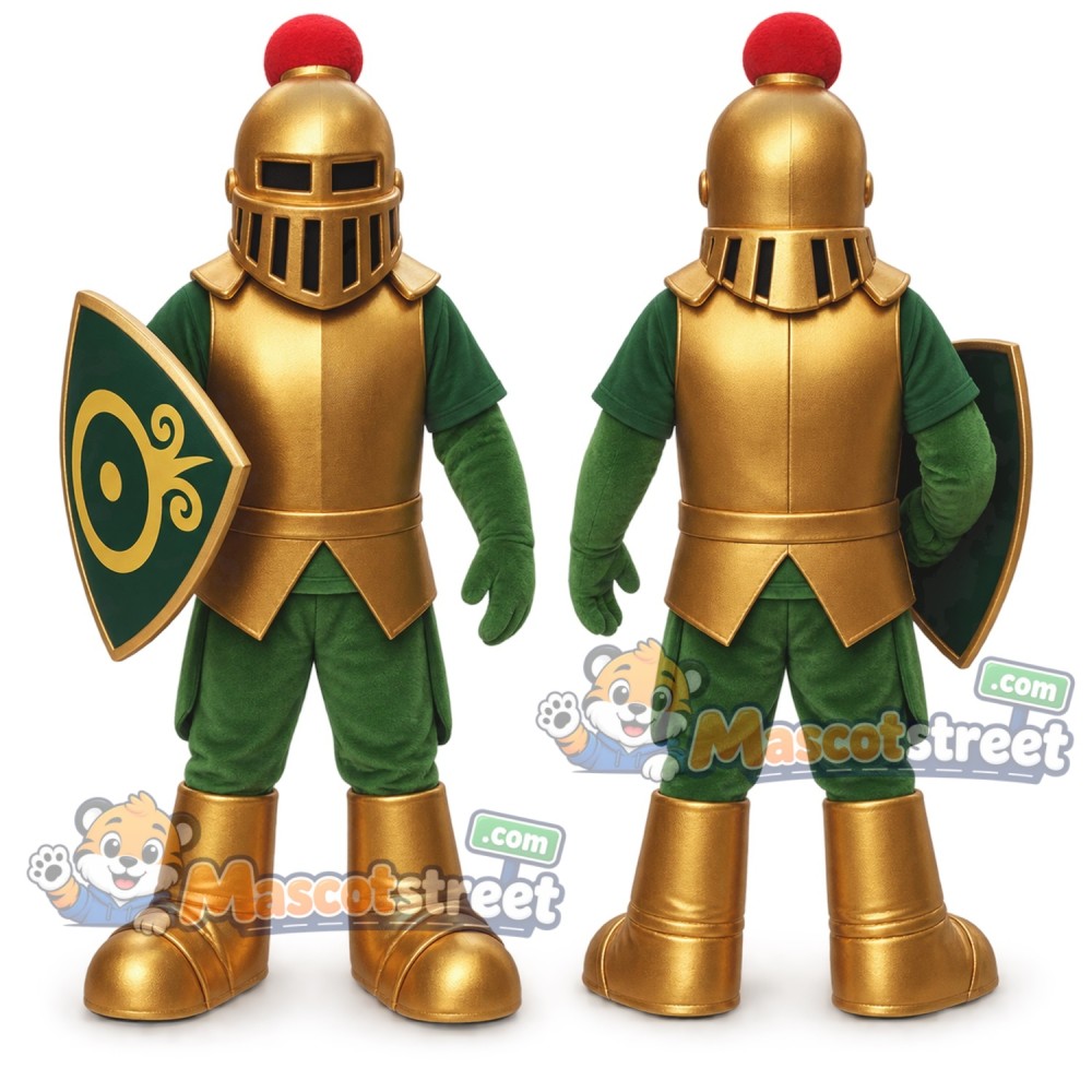 Knight Mascot Costume with Gold Armor and Green Outfit