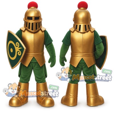 Knight Mascot Costume with Gold Armor and Green Outfit