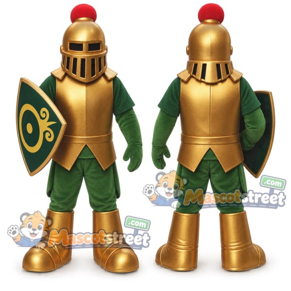 Knight Mascot Costume with Gold Armor and Green Outfit