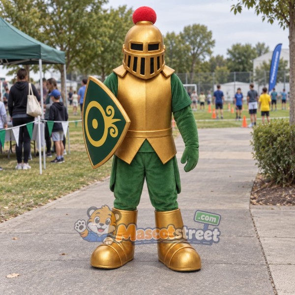 Knight Mascot Costume with Gold Armor and Green Outfit