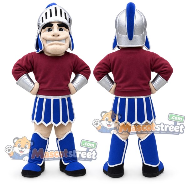 Knight Mascot Costume with Silver Helmet and Burgundy Shirt