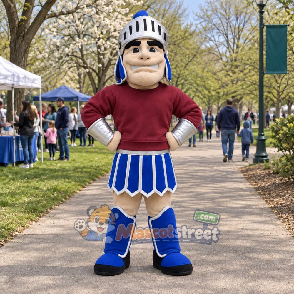 Knight Mascot Costume with Silver Helmet and Burgundy Shirt Knight Mascot Costume with Silver Helmet and Burgundy Shirt