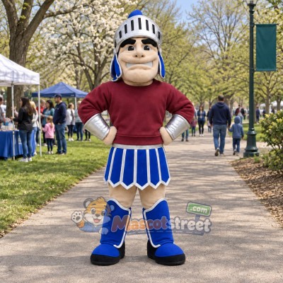 Knight Mascot Costume with Silver Helmet and Burgundy Shirt Knight Mascot Costume with Silver Helmet and Burgundy Shirt