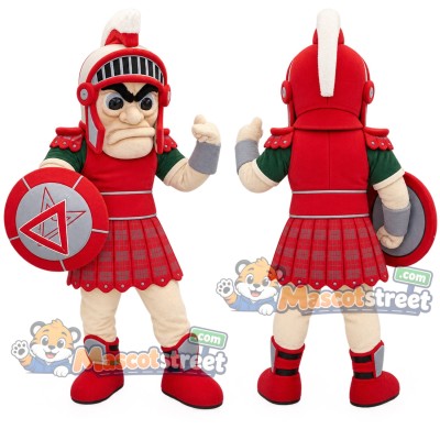 Spartan Warrior Mascot Costume with Red Armor and Round Shield Spartan Warrior Mascot Costume with Red Armor and Round Shield