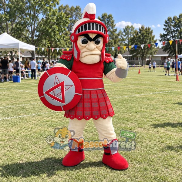 Spartan Warrior Mascot Costume with Red Armor and Round Shield