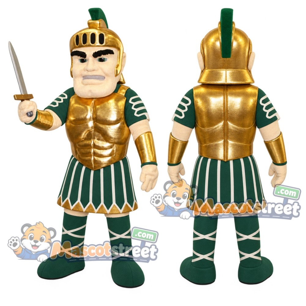 Spartan Warrior Mascot Costume with Gold Armor and Green Skirt