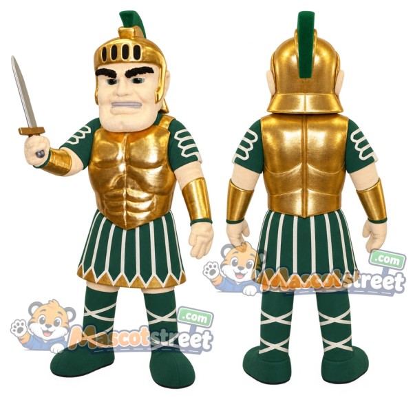 Spartan Warrior Mascot Costume with Gold Armor and Green Skirt