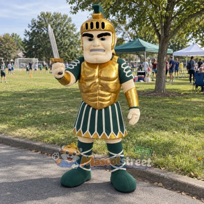 Spartan Warrior Mascot Costume with Gold Armor and Green Skirt