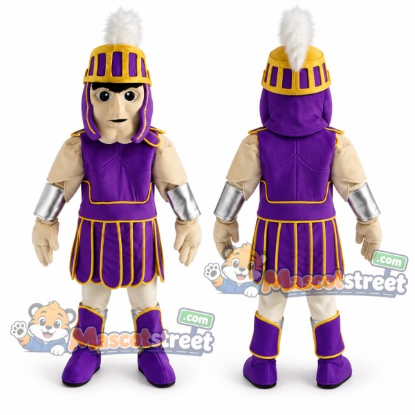Spartan Warrior Mascot Costume with Purple Armor and White Plume
