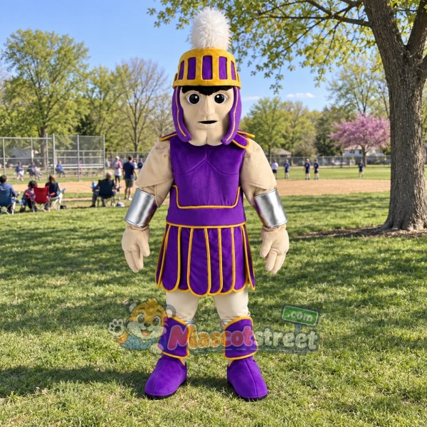 Spartan Warrior Mascot Costume with Purple Armor and White Plume