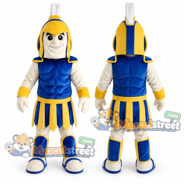 Spartan Warrior Mascot Costume with Blue and Gold Armor with White Plume