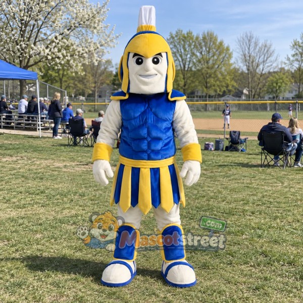 Spartan Warrior Mascot Costume with Blue and Gold Armor with White Plume