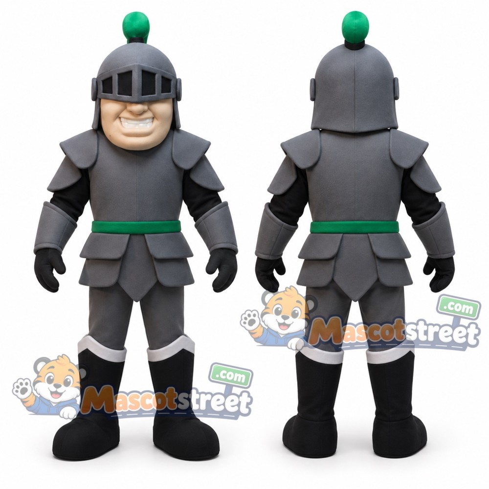 Knight Mascot Costume with Gray Armor and Green Plume