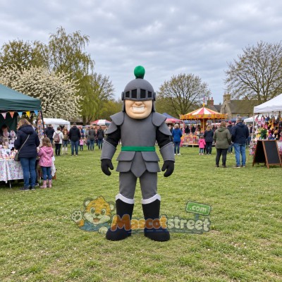 Knight Mascot Costume with Gray Armor and Green Plume
