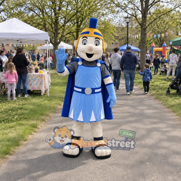 Knight Mascot Costume with Blue Armor and Yellow Helmet Crest