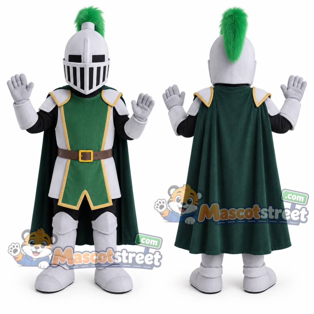 Knight Mascot Costume with Silver Helmet and Green Cape Knight Mascot Costume with Silver Helmet and Green Cape