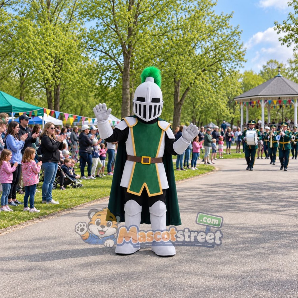 Knight Mascot Costume with Silver Helmet and Green Cape Knight Mascot Costume with Silver Helmet and Green Cape