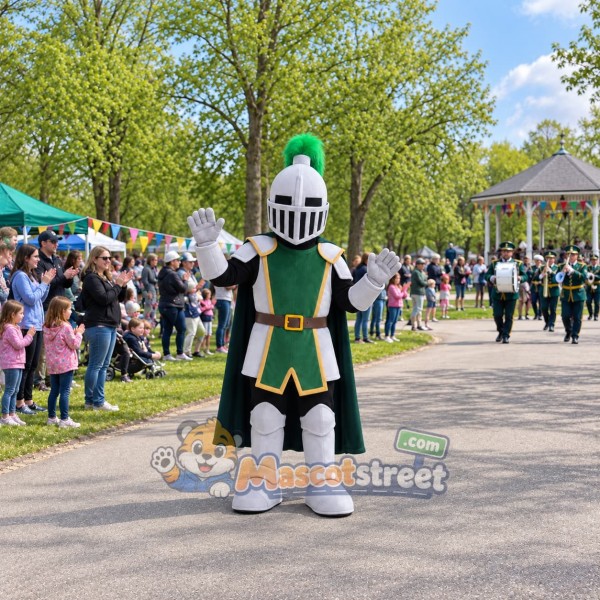 Knight Mascot Costume with Silver Helmet and Green Cape