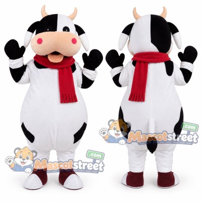 Black and White Cow Mascot Costume with Red Scarf Black and White Cow Mascot Costume with Red Scarf