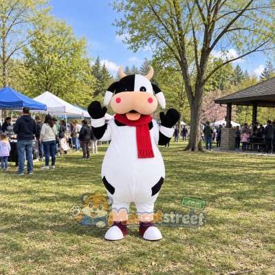 Black and White Cow Mascot Costume with Red Scarf Black and White Cow Mascot Costume with Red Scarf