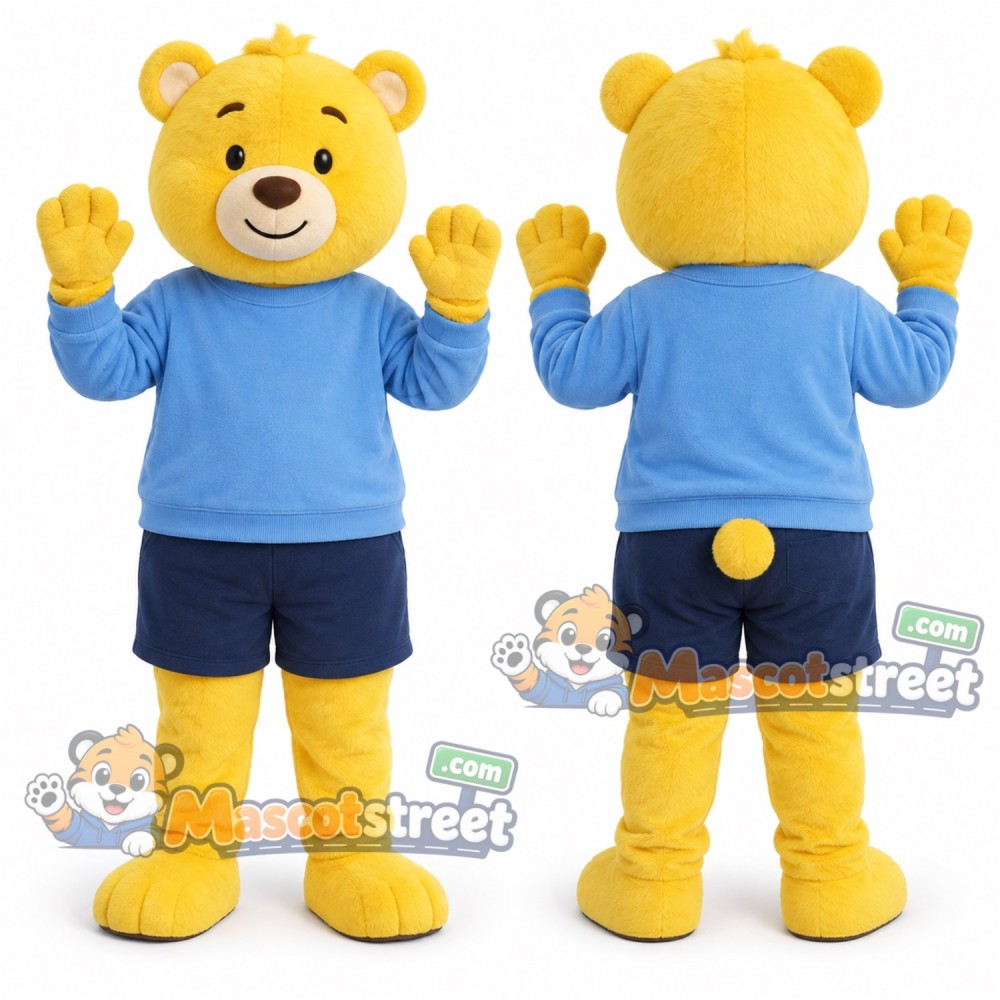 Yellow Bear Mascot Costume with Blue Sweatshirt and Navy Shorts Yellow Bear Mascot Costume with Blue Sweatshirt and Navy Shorts